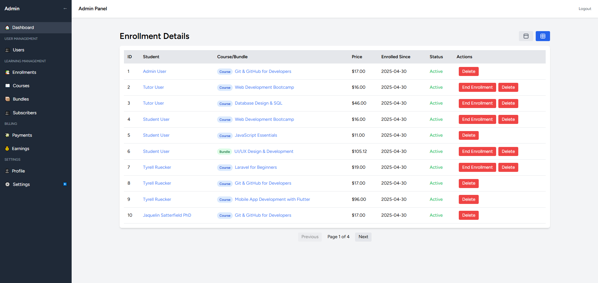 Enrollments Screen